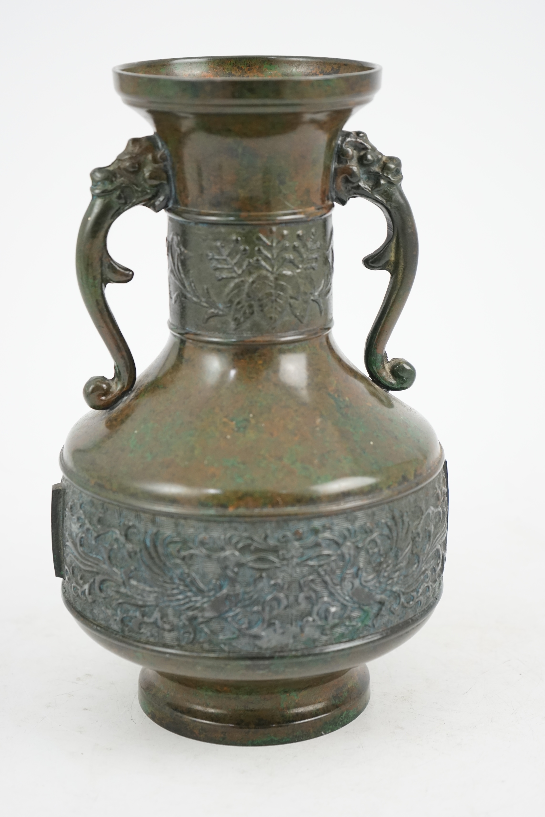 A Japanese green patinated bronze vase, 20th century, 25cm high. Condition - good